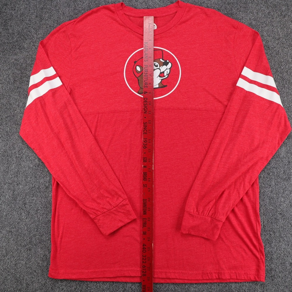 Buc-ee's Mens Red Long Sleeve Graphic Jersey T-Shirt Size Large Beaver Logo - Picture 2 of 5